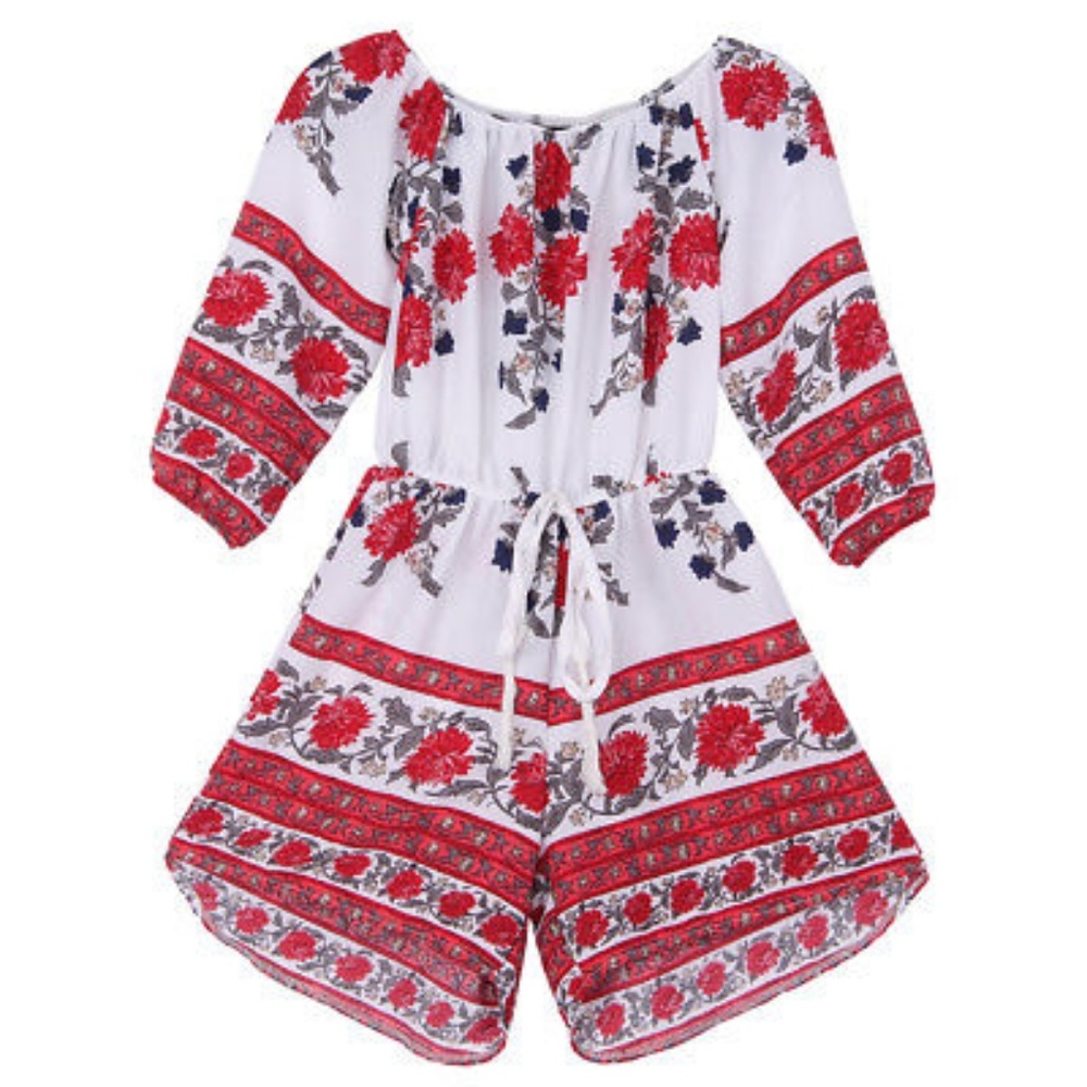 Off Shoulder Long Sleeve Red Floral Chiffon Romper - Picture 6 of 8
